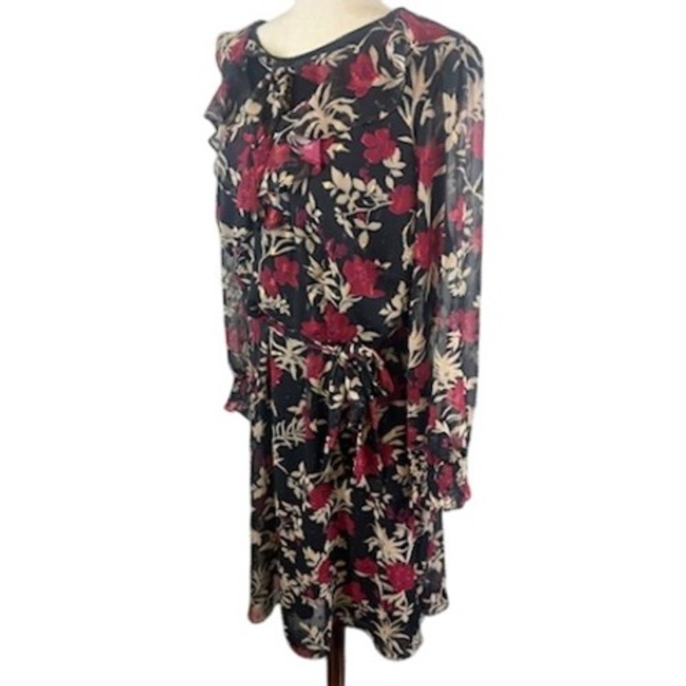 Jessica Howard Floral Chiffon Midi‎ Dress Ruffle Trim Long Sleeve Size 22W